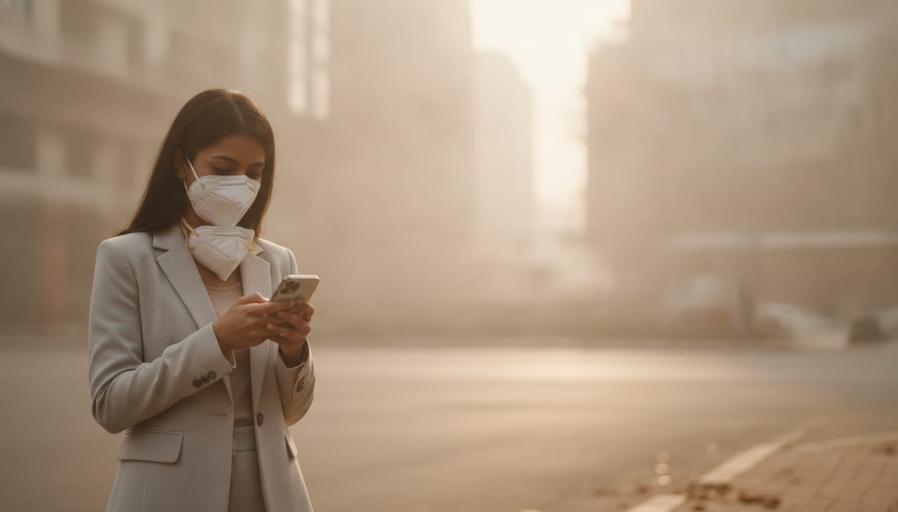 A woman wearing an N95 mask checking the air quality index on her phone on a hazy city street