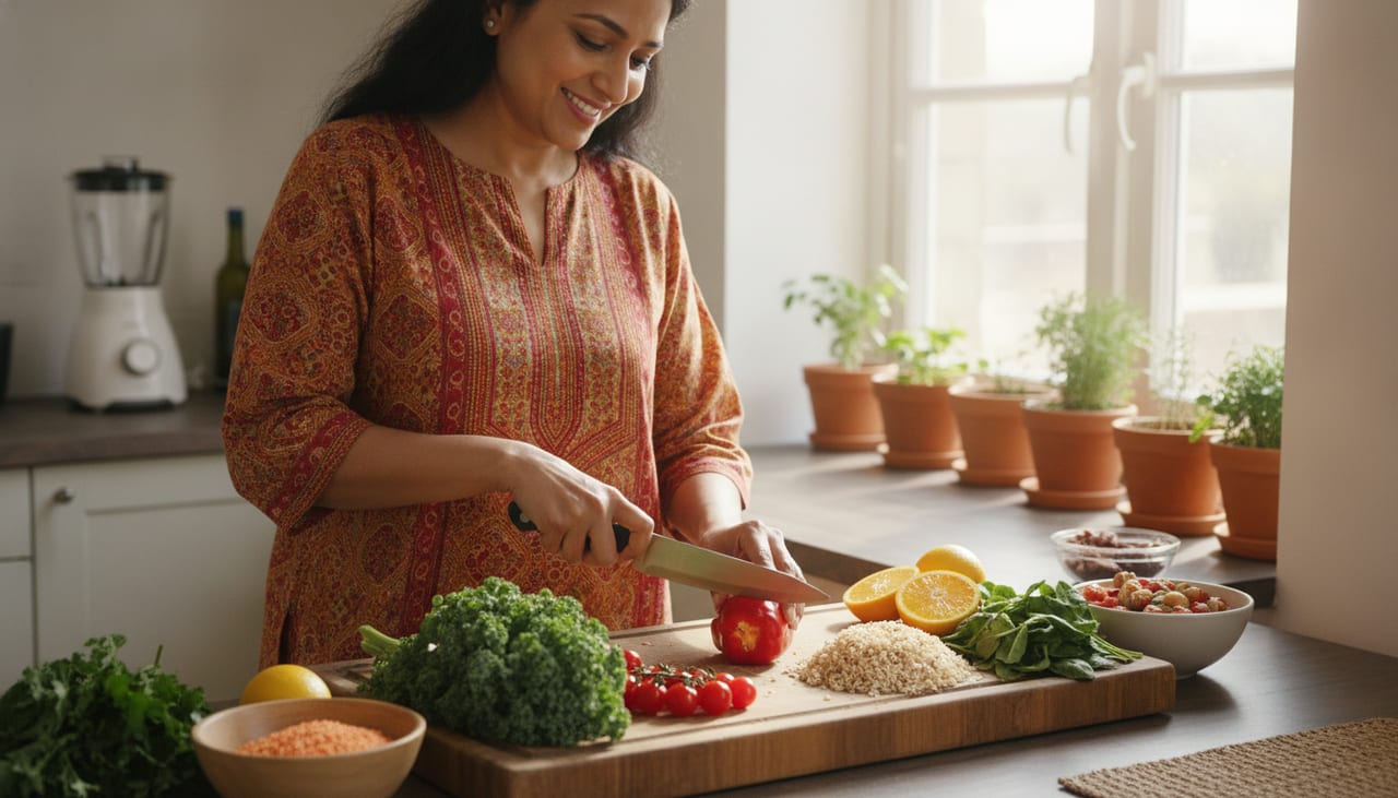 A woman preparing a colorful plant-forward meal of vegetables, grains, and fruit in a sunlit kitchen