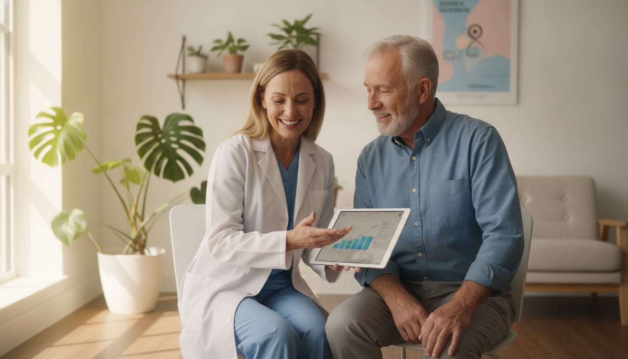 A doctor showing an older man health information on a tablet during a screening consultation