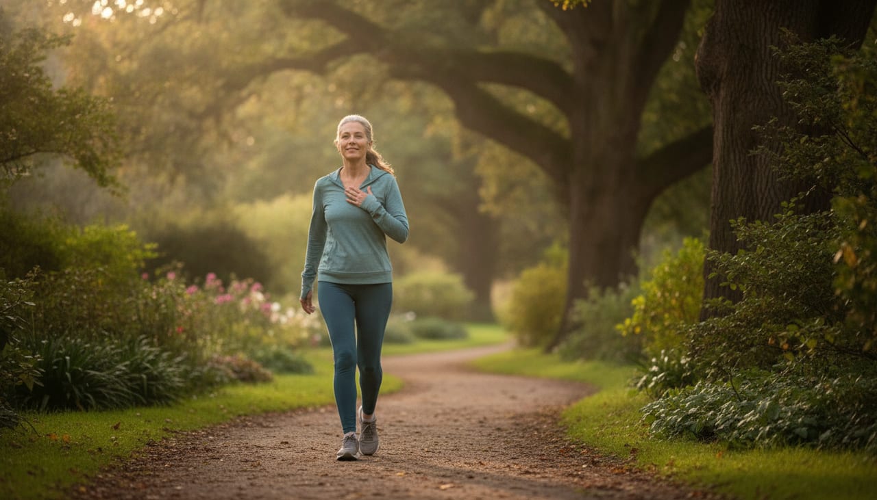 A woman walking briskly and breathing easily on a tree-lined park path