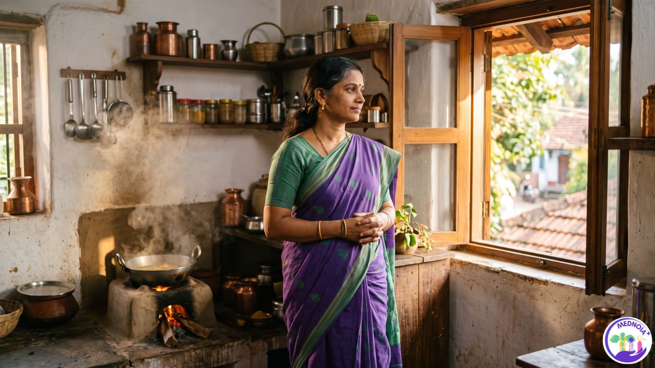 A woman standing near a traditional wood-burning chulha in an Indian kitchen