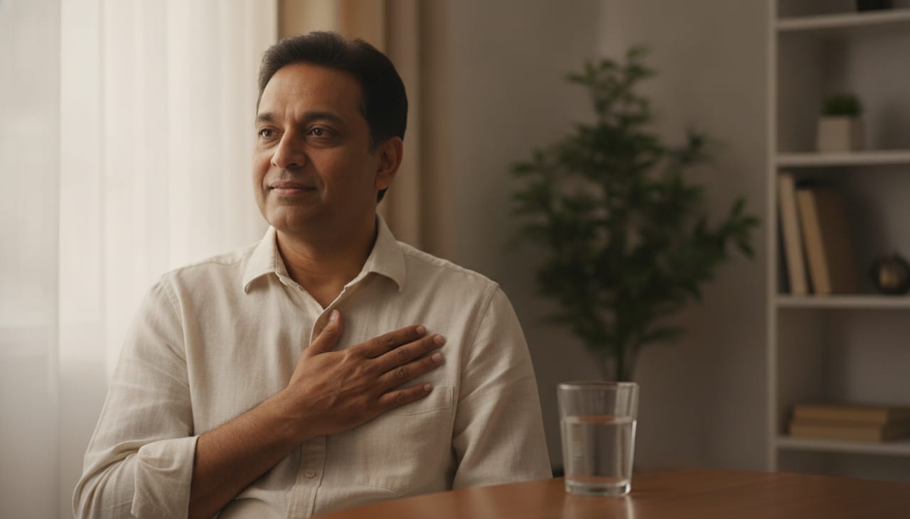 A man sitting calmly at home with a hand resting on his chest