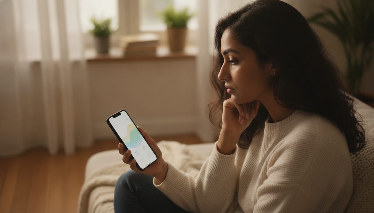 A woman thoughtfully checking a health app on her smartphone at home